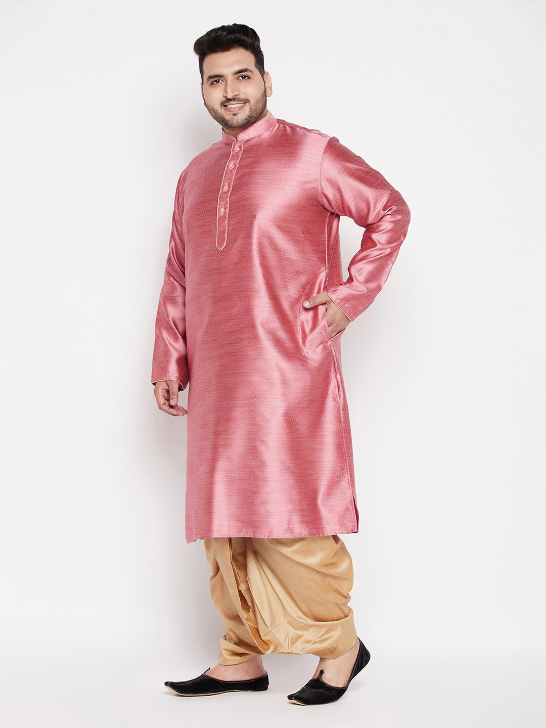 VASTRAMAY Men's Plus Size Pink Woven Kurta And Rose Gold Dhoti Set