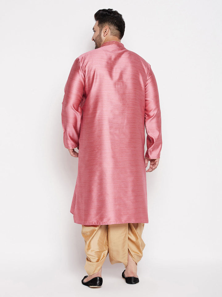 VASTRAMAY Men's Plus Size Pink Woven Kurta And Rose Gold Dhoti Set