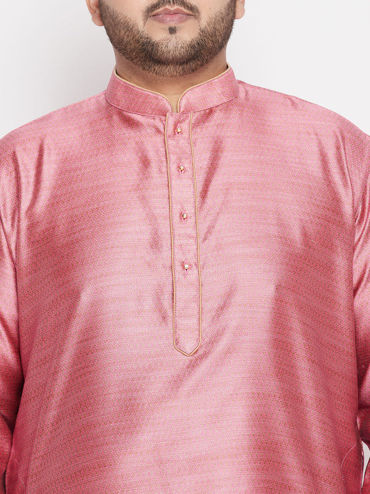  High-quality men's plus size pink woven kurta and rose gold dhoti set in traditional Indian style