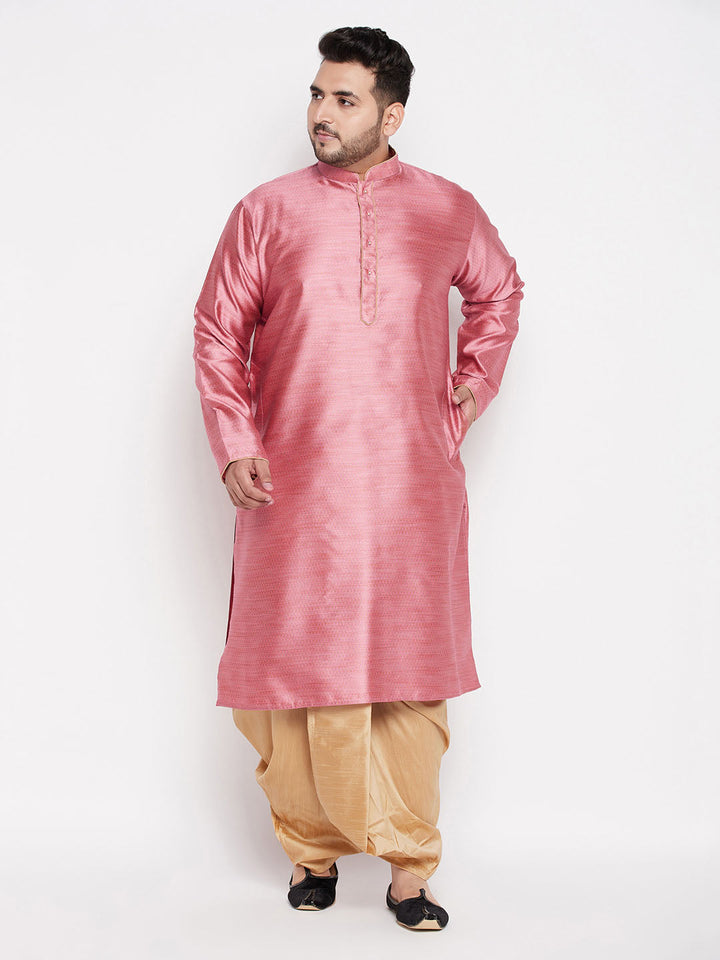  Men's plus size pink woven kurta and rose gold dhoti set perfect for festive occasions and special events