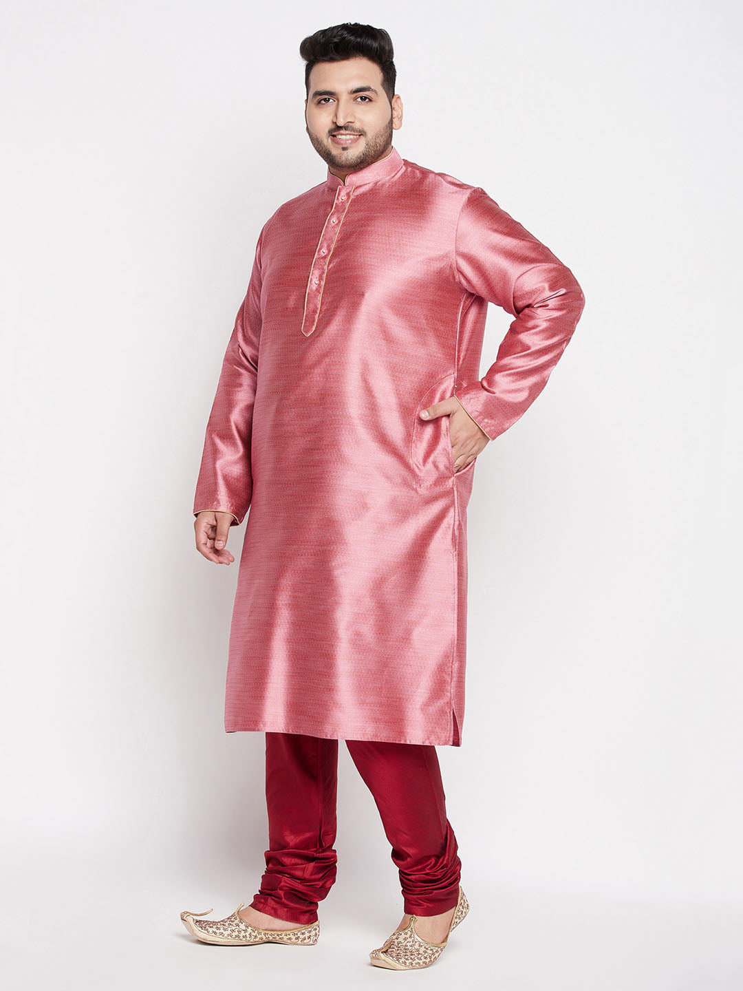 VASTRAMAY Men's Plus Size Pink Woven Kurta And Maroon Pyjama Set, perfect for traditional Indian occasions and festivals, featuring intricate woven design and comfortable fabric