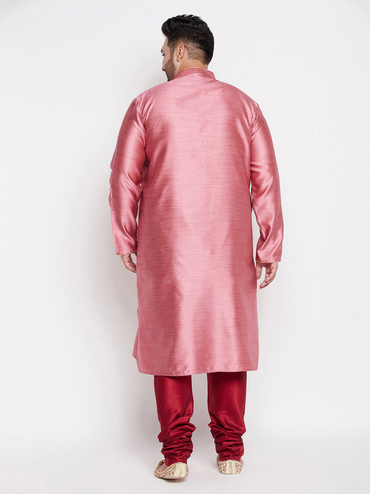 VASTRAMAY Men's Plus Size Pink Woven Kurta And Maroon Pyjama Set, traditional Indian clothing for men, featuring a pink kurta and maroon pyjama