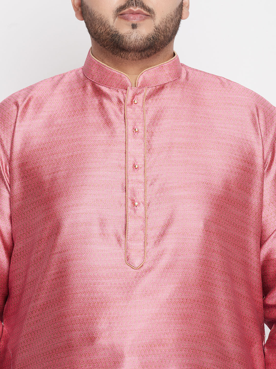 VASTRAMAY Men's Plus Size Pink Woven Kurta And Maroon Pyjama Set - traditional Indian ethnic wear for men in larger sizes, featuring a pink kurta with intricate woven detailing and matching maroon pyjamas