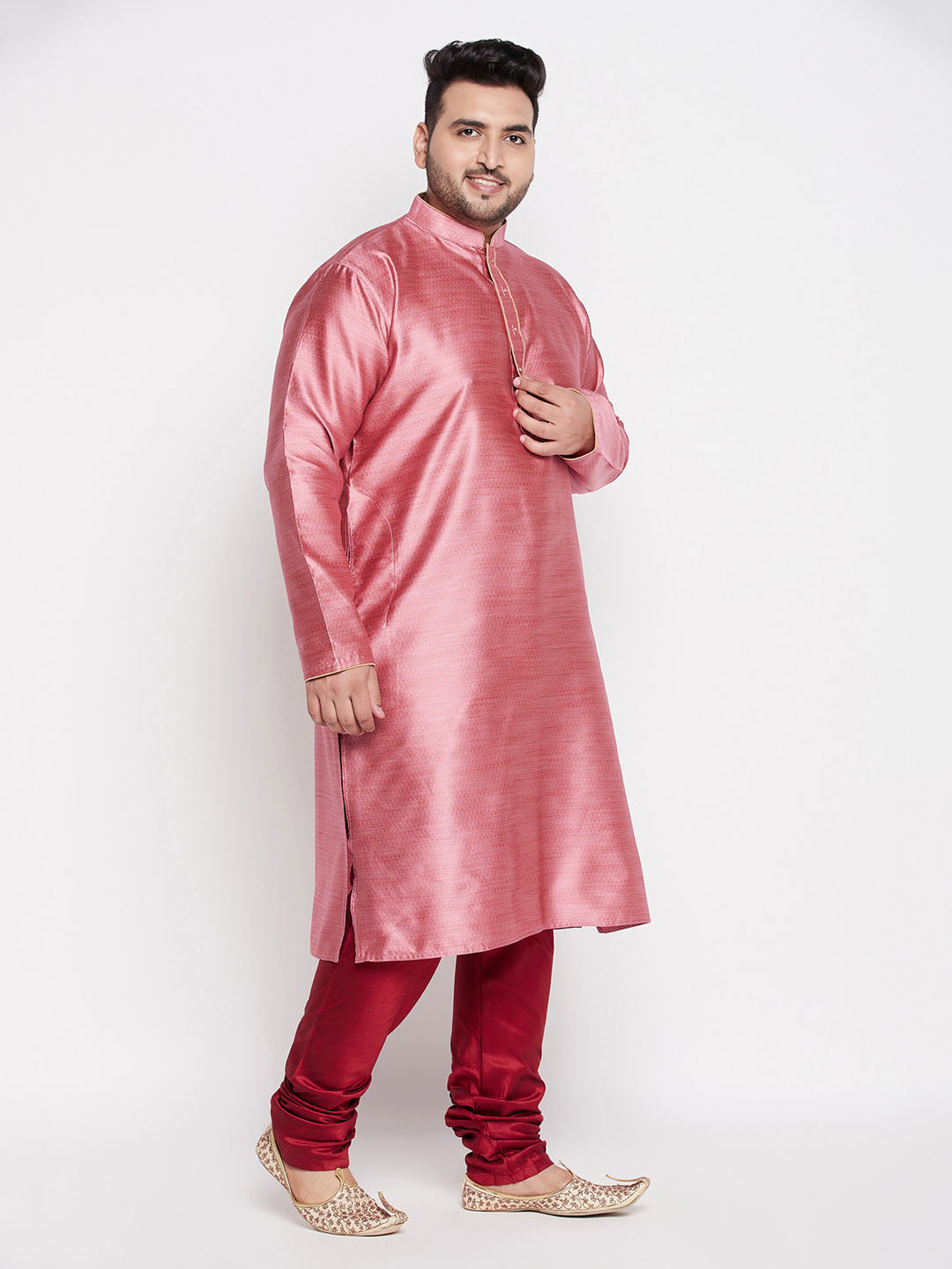 VASTRAMAY Men's Plus Size Pink Woven Kurta And Maroon Pyjama Set showcasing traditional Indian attire for men in comfortable, breathable fabric