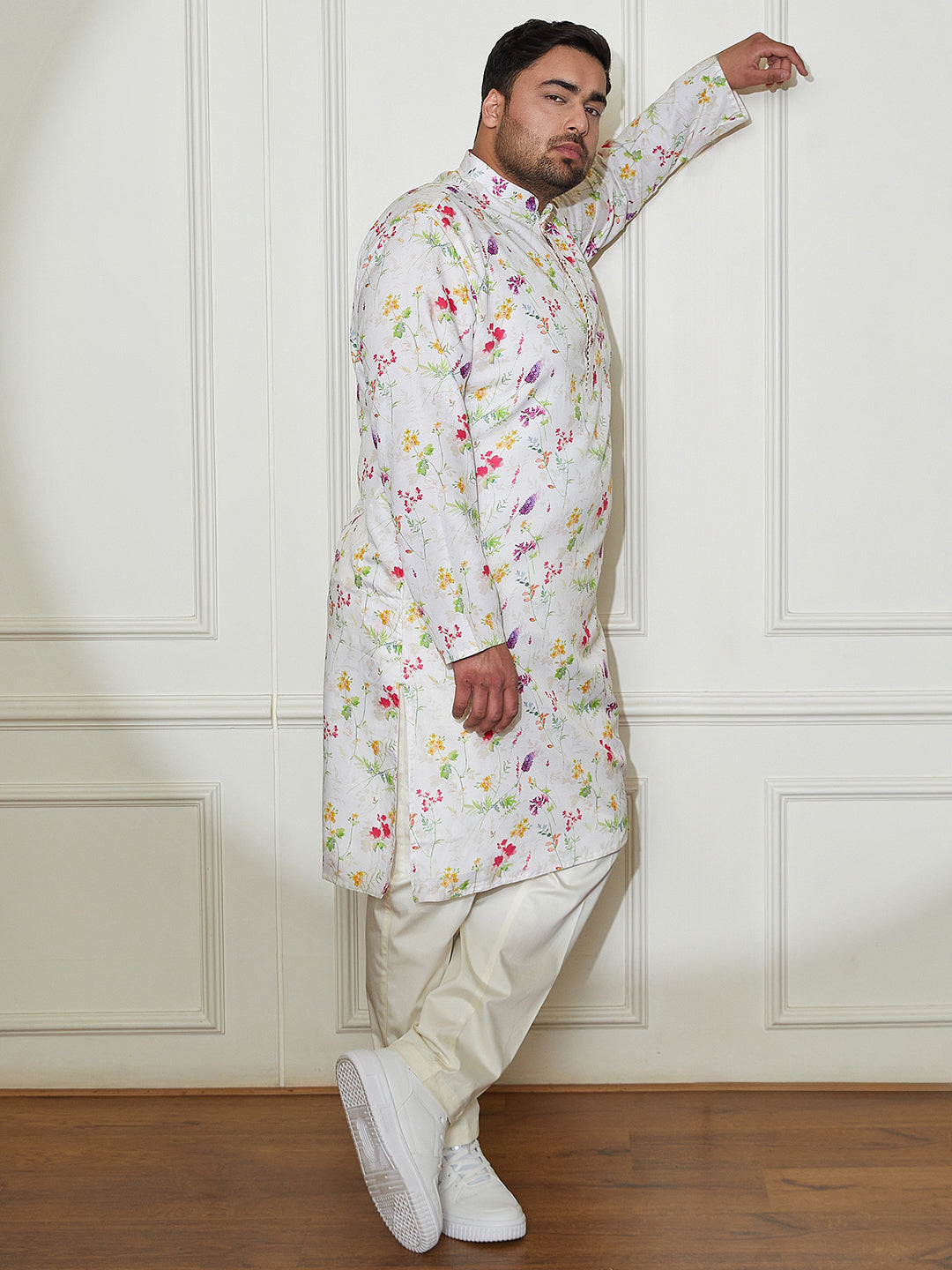 Plus Men's Cream Cotton Blend Kurta And Pyjama Set