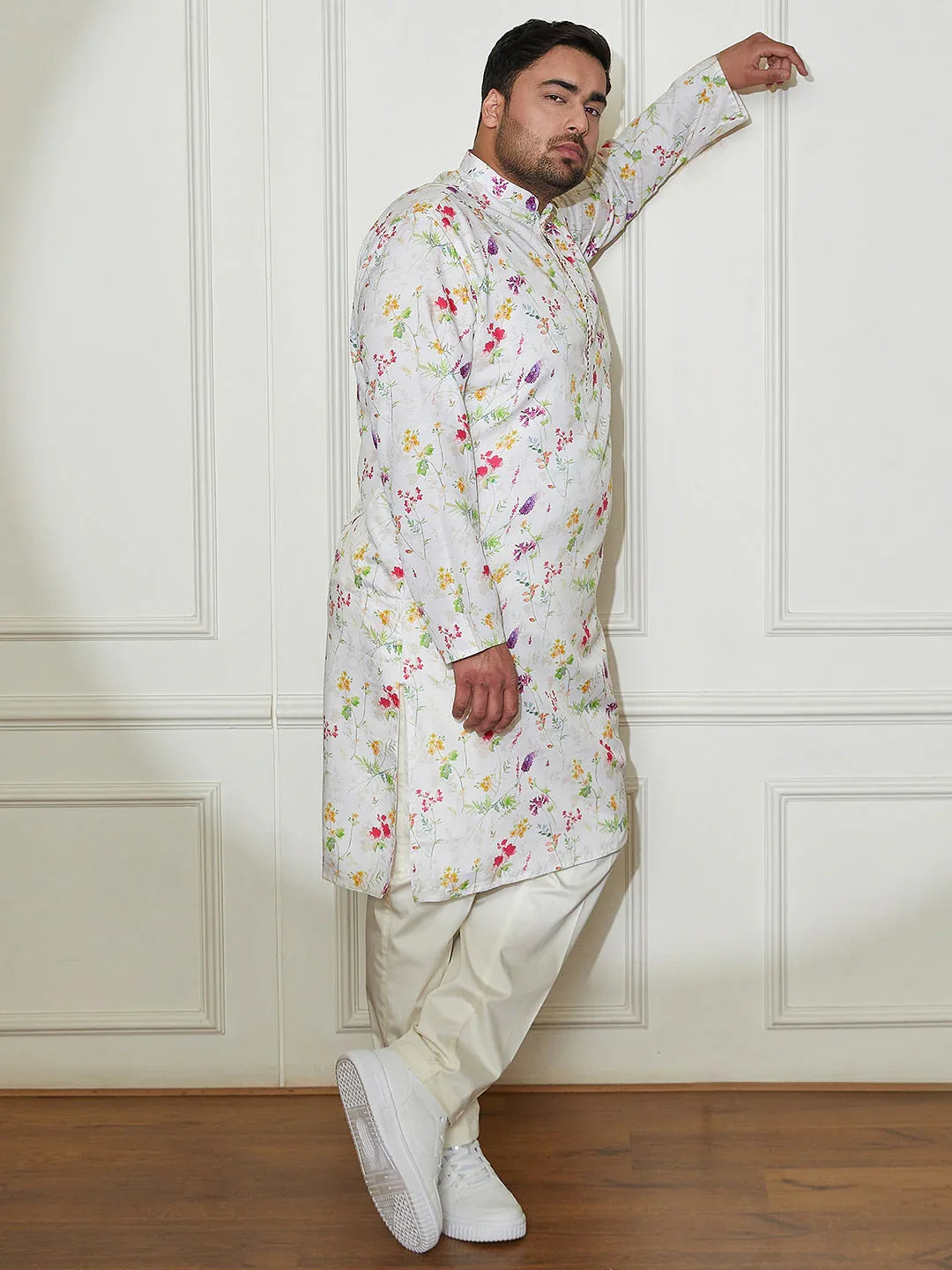 Plus Men's Cream Cotton Blend Kurta And Pyjama Set