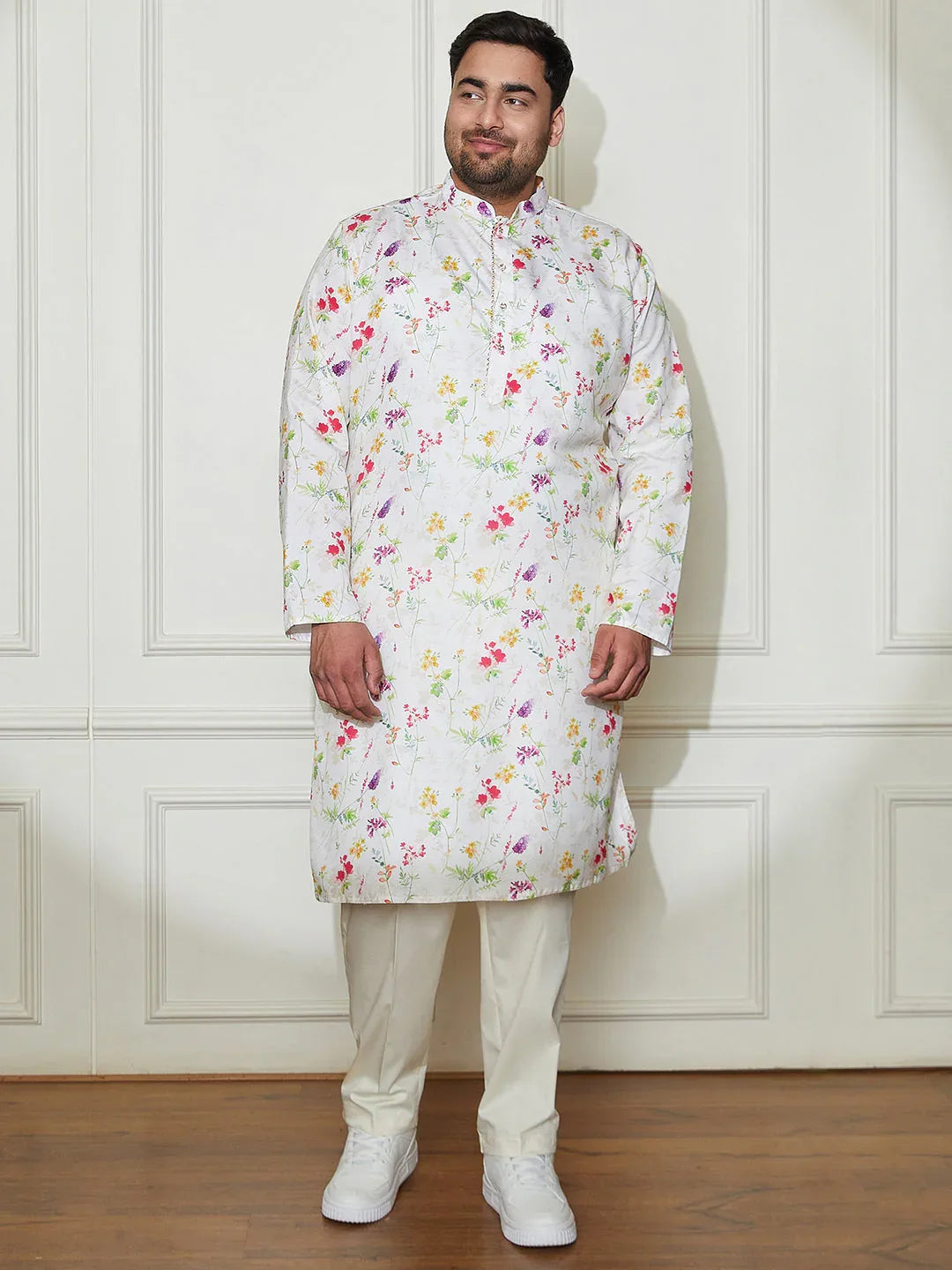 Plus Men's Cream Cotton Blend Kurta And Pyjama Set