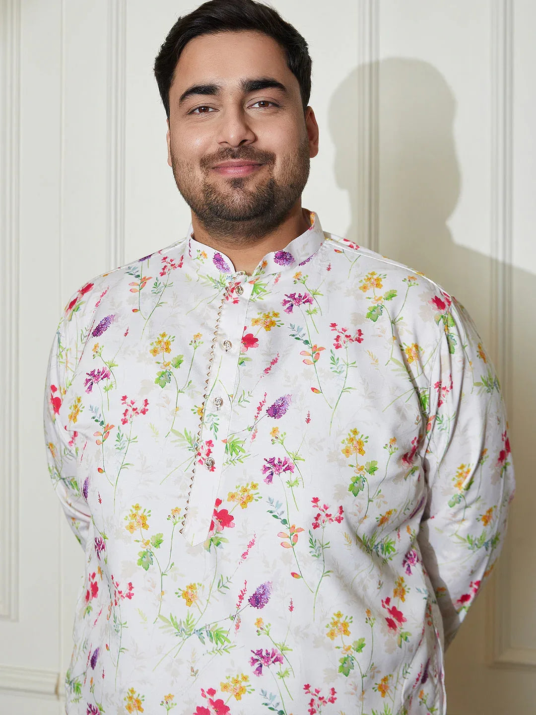 Plus Men's Cream Cotton Blend Kurta And Pyjama Set