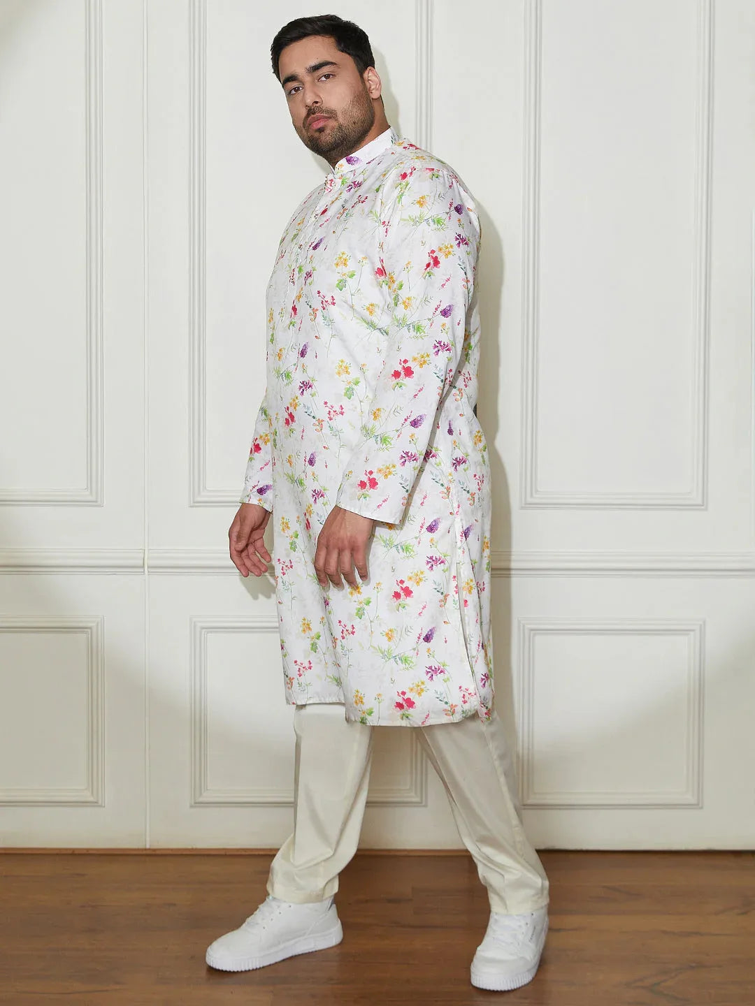 Plus Men's Cream Cotton Blend Kurta And Pyjama Set