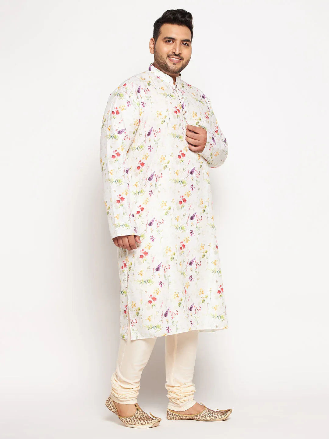 Men's Plus Size Cream Cotton Blend Printed Kurta And Solid Pyjama Set