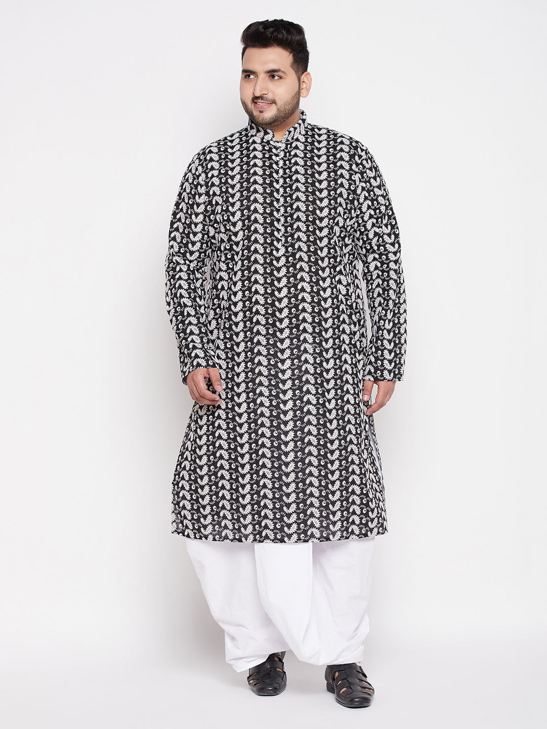 VASTRAMAY Men's Plus Size Black Chikankari Embroidered Kurta And White Dhoti Set, traditional Indian clothing for special occasions