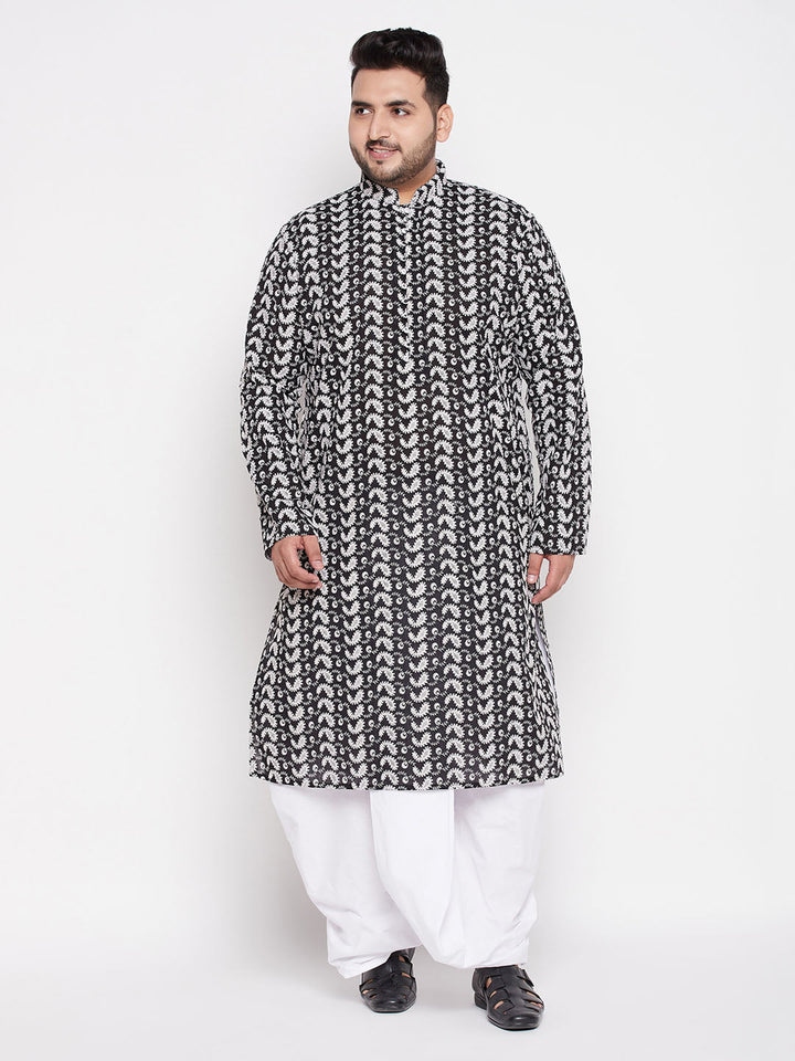 VASTRAMAY Men's Plus Size Black Chikankari Embroidered Kurta And White Dhoti Set