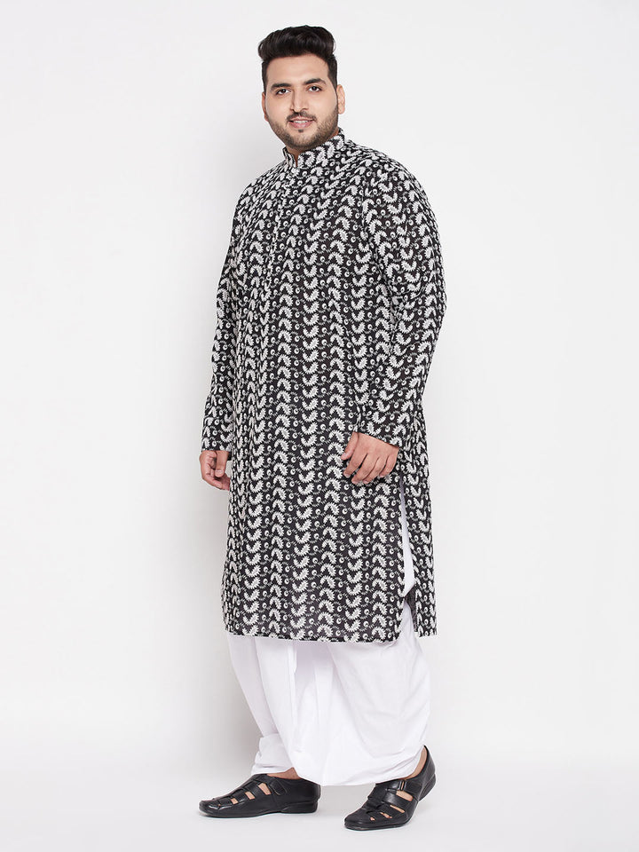 An elegant black Chikankari embroidered kurta paired with a white dhoti for men's plus size fashion