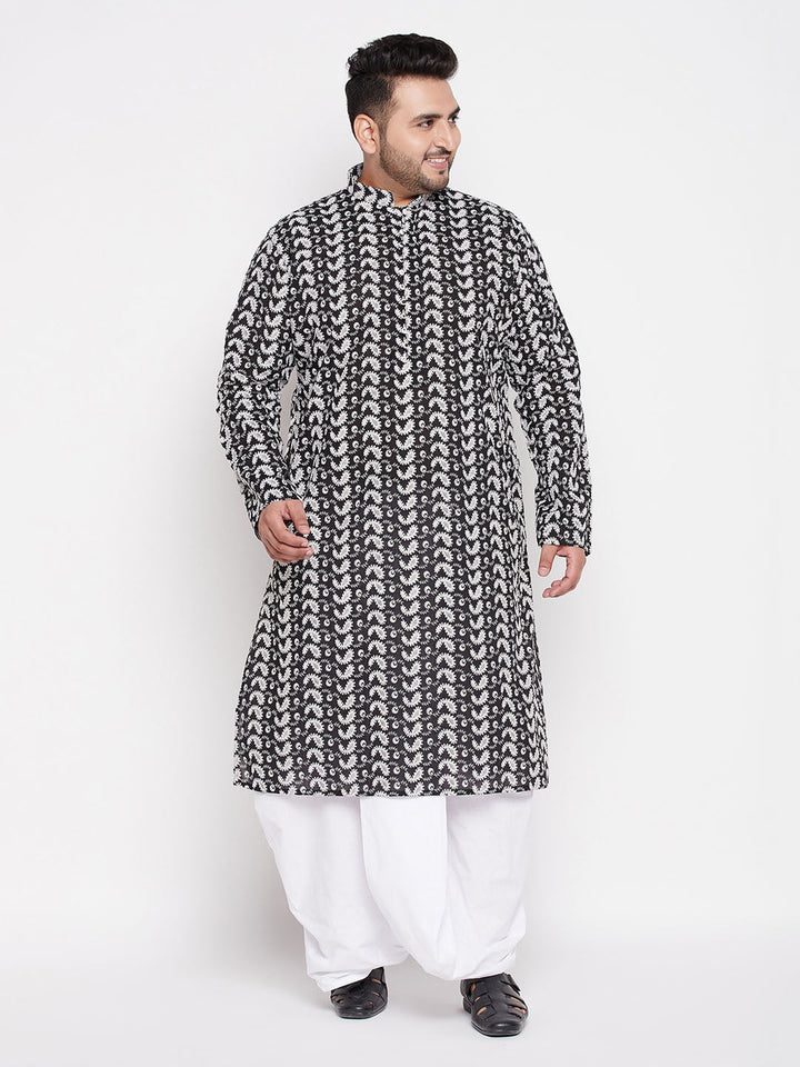 VASTRAMAY Men's Plus Size Black Chikankari Embroidered Kurta And White Dhoti Set, traditional Indian attire with intricate embroidery and comfortable fit