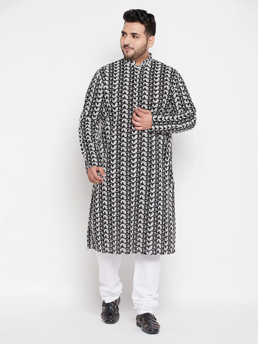 Men's Plus Size Black Chikankari Embroidered Kurta And White Pyjama Set