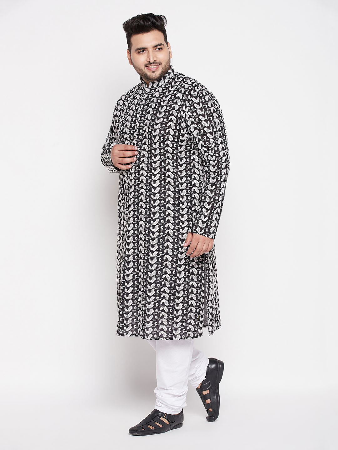 VASTRAMAY Men's Plus Size Black Chikankari Embroidered Kurta And White Pyjama Set - Traditional Indian ethnic wear for men with intricate hand embroidery details