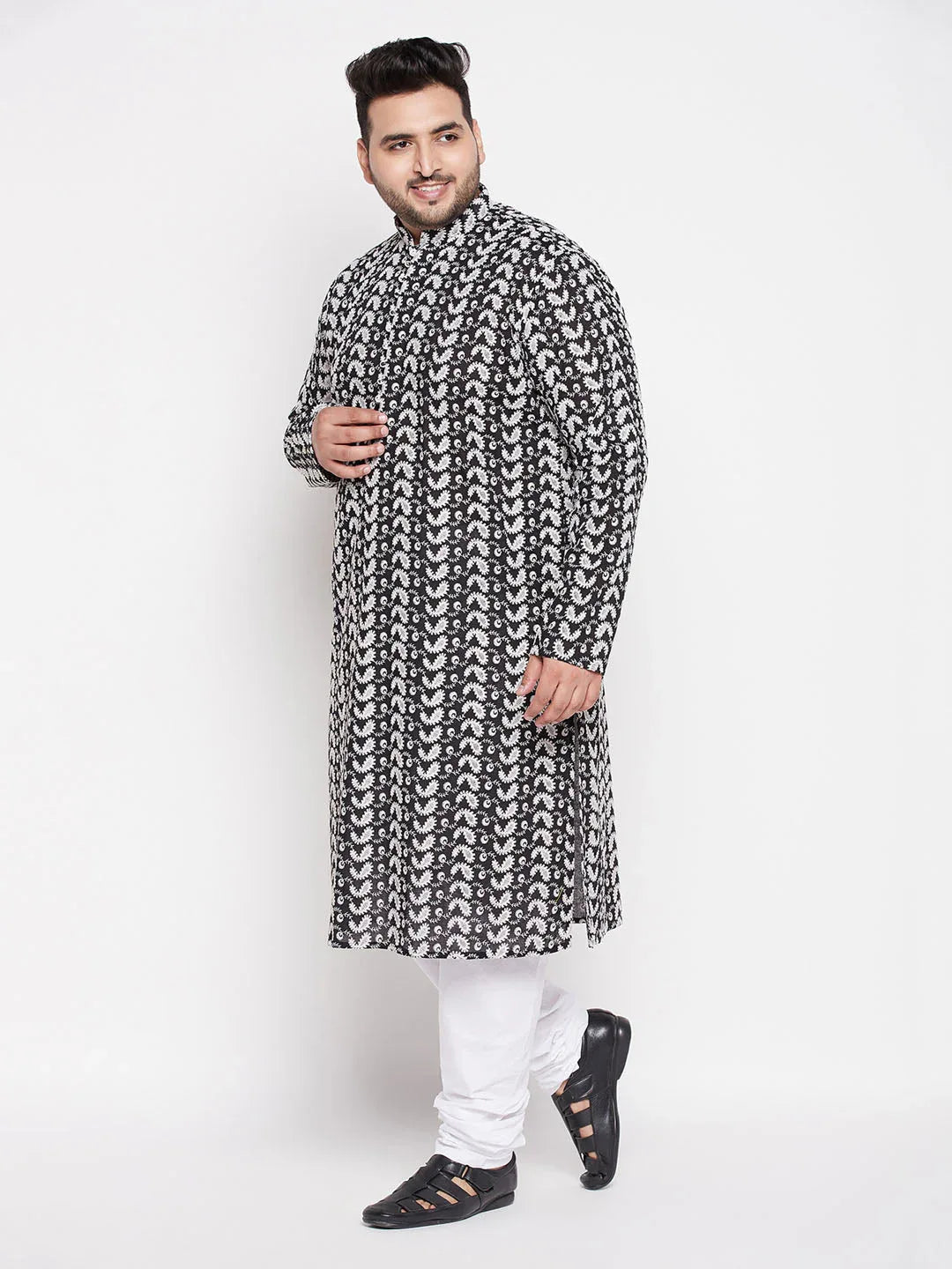 Men's Plus Size Black Chikankari Embroidered Kurta And White Pyjama Set