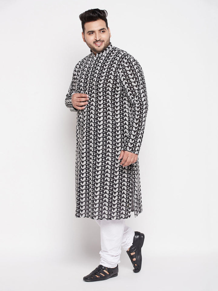 VASTRAMAY Men's Plus Size Black Chikankari Embroidered Kurta And White Pyjama Set