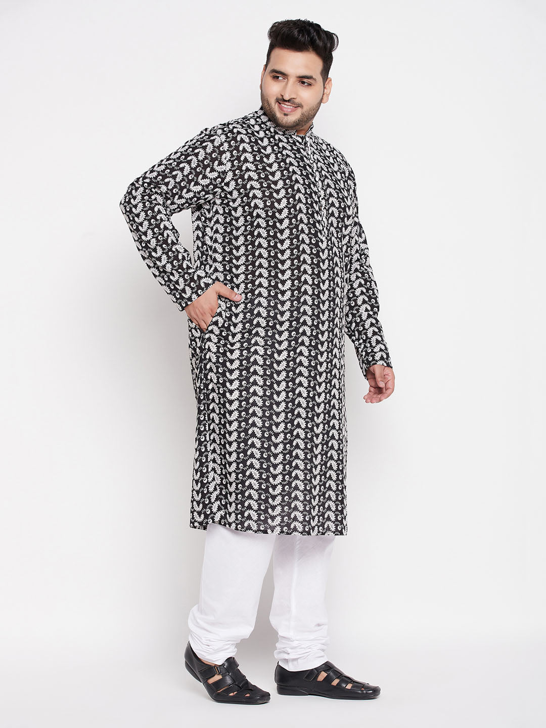 VASTRAMAY Men's Plus Size Black Chikankari Embroidered Kurta And White Pyjama Set - Traditional Indian attire with intricate embroidery details