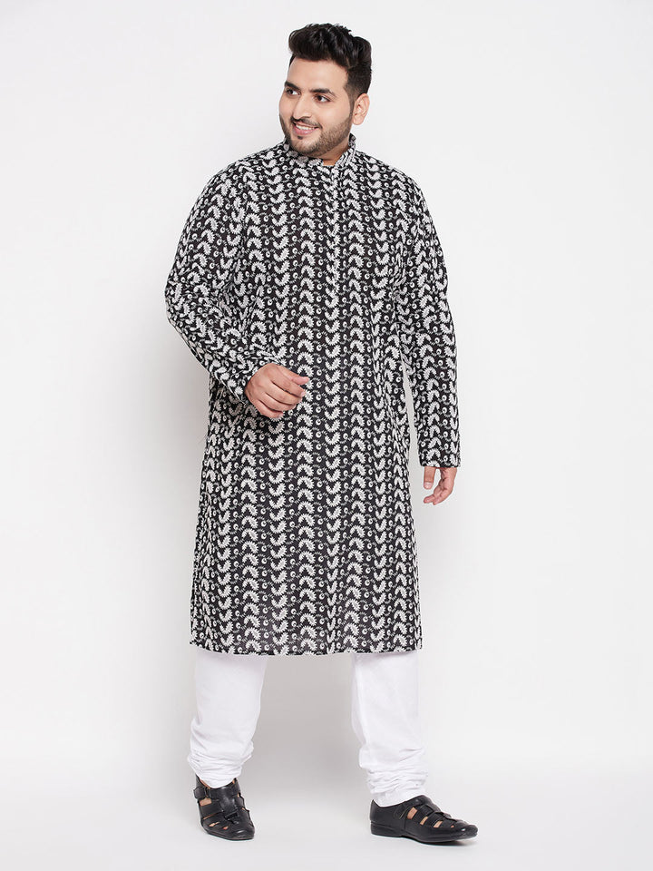 VASTRAMAY Men's Plus Size Black Chikankari Embroidered Kurta And White Pyjama Set - Traditional Indian ethnic wear for men with intricate embroidery details