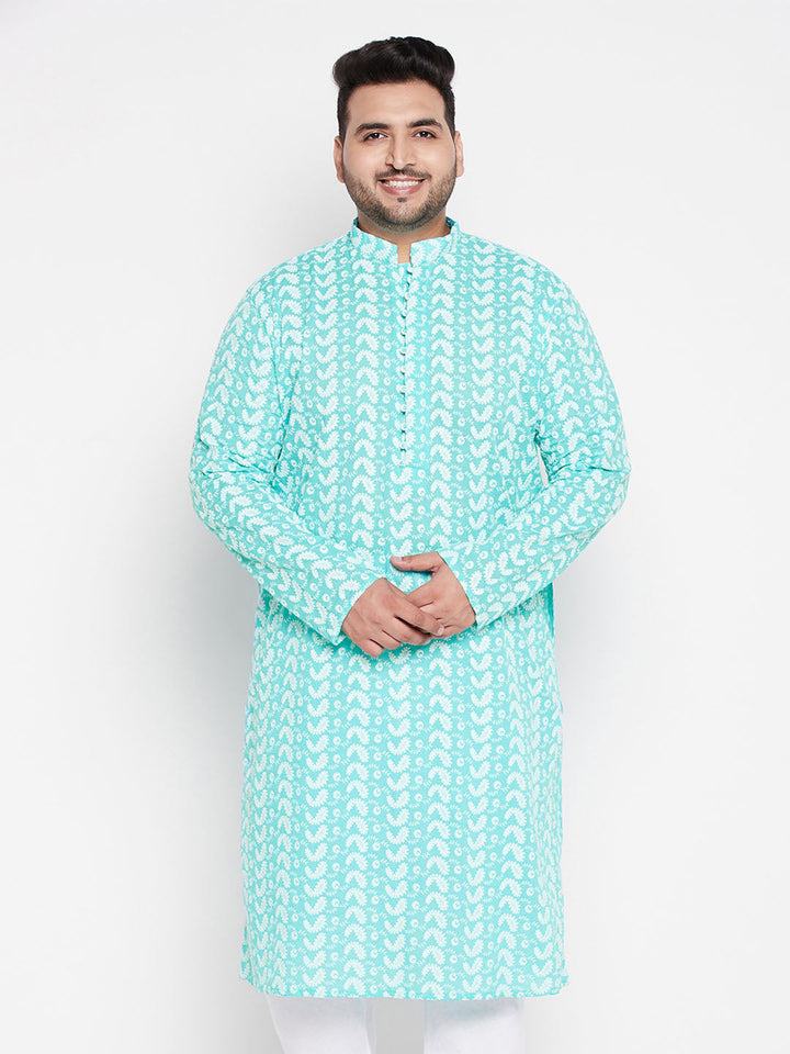 VASTRAMAY Men's Plus Size Green Chikankari Embroidered Kurta - Traditional Indian ethnic wear with intricate hand embroidery