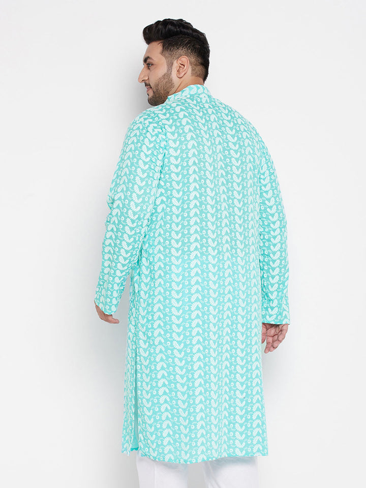 VASTRAMAY Men's Plus Size Green Chikankari Embroidered Kurta