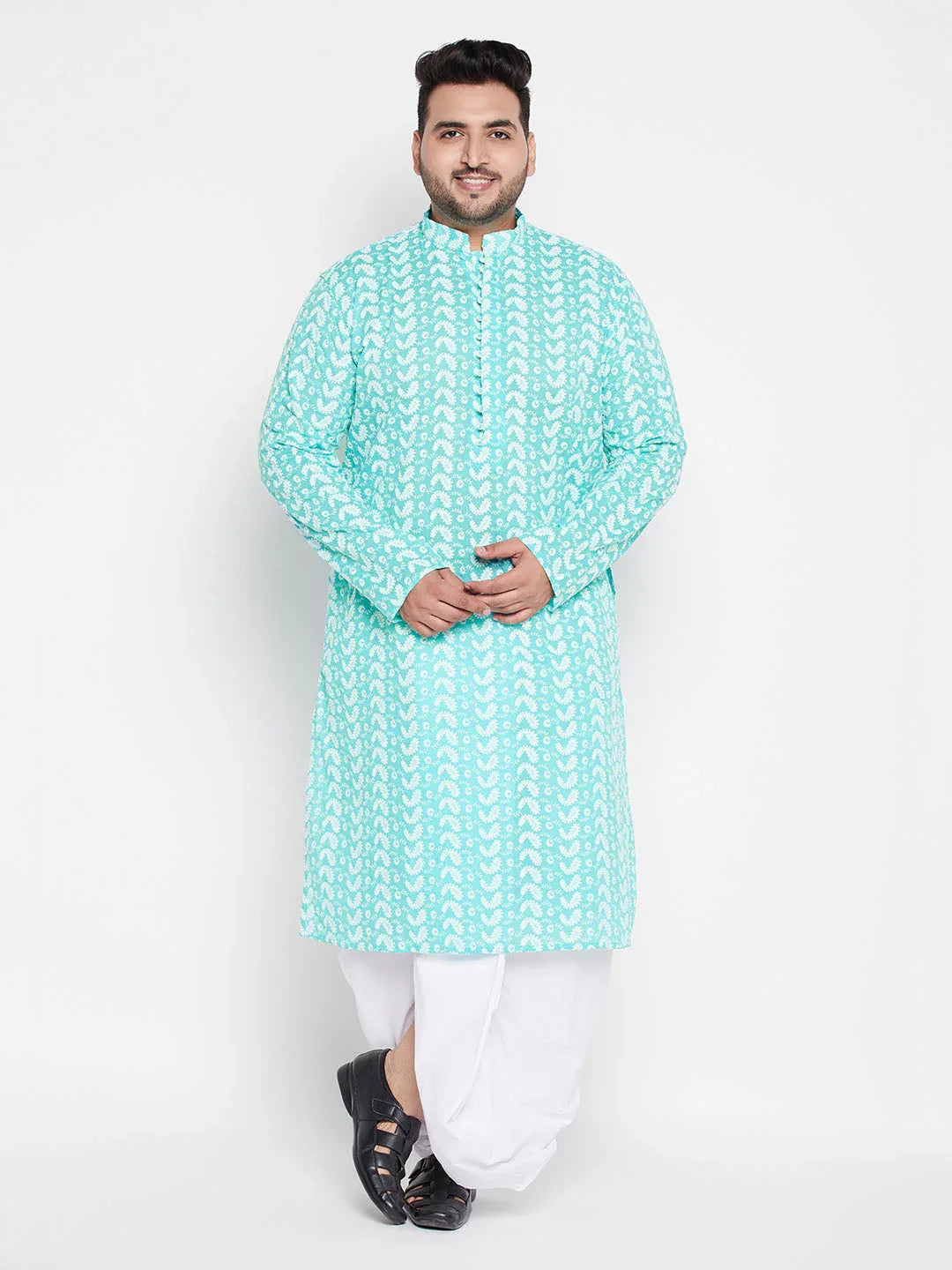 Men's Plus Size Green Chikankari Embroidered Kurta And White Dhoti Set