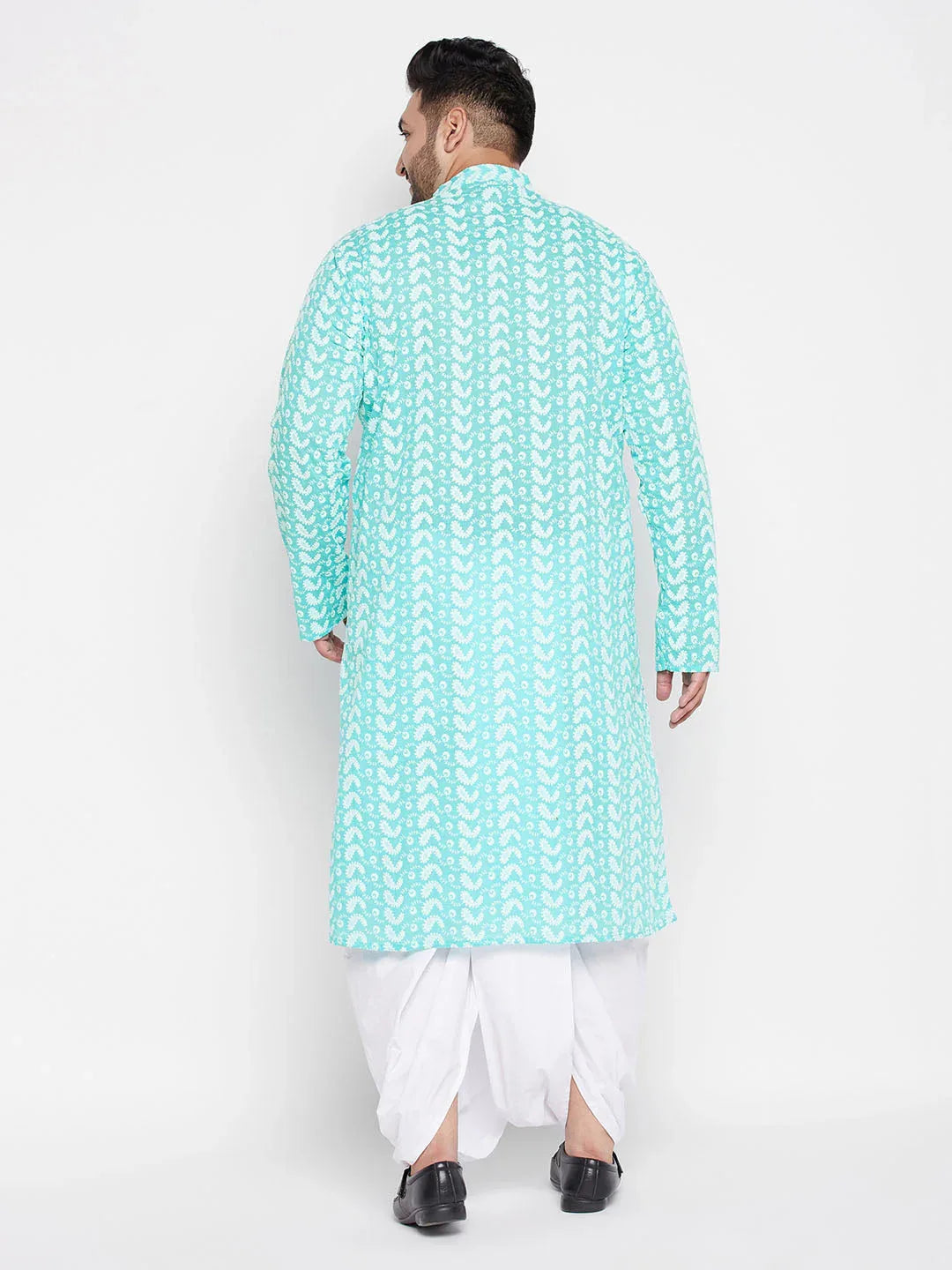 Men's Plus Size Green Chikankari Embroidered Kurta And White Dhoti Set