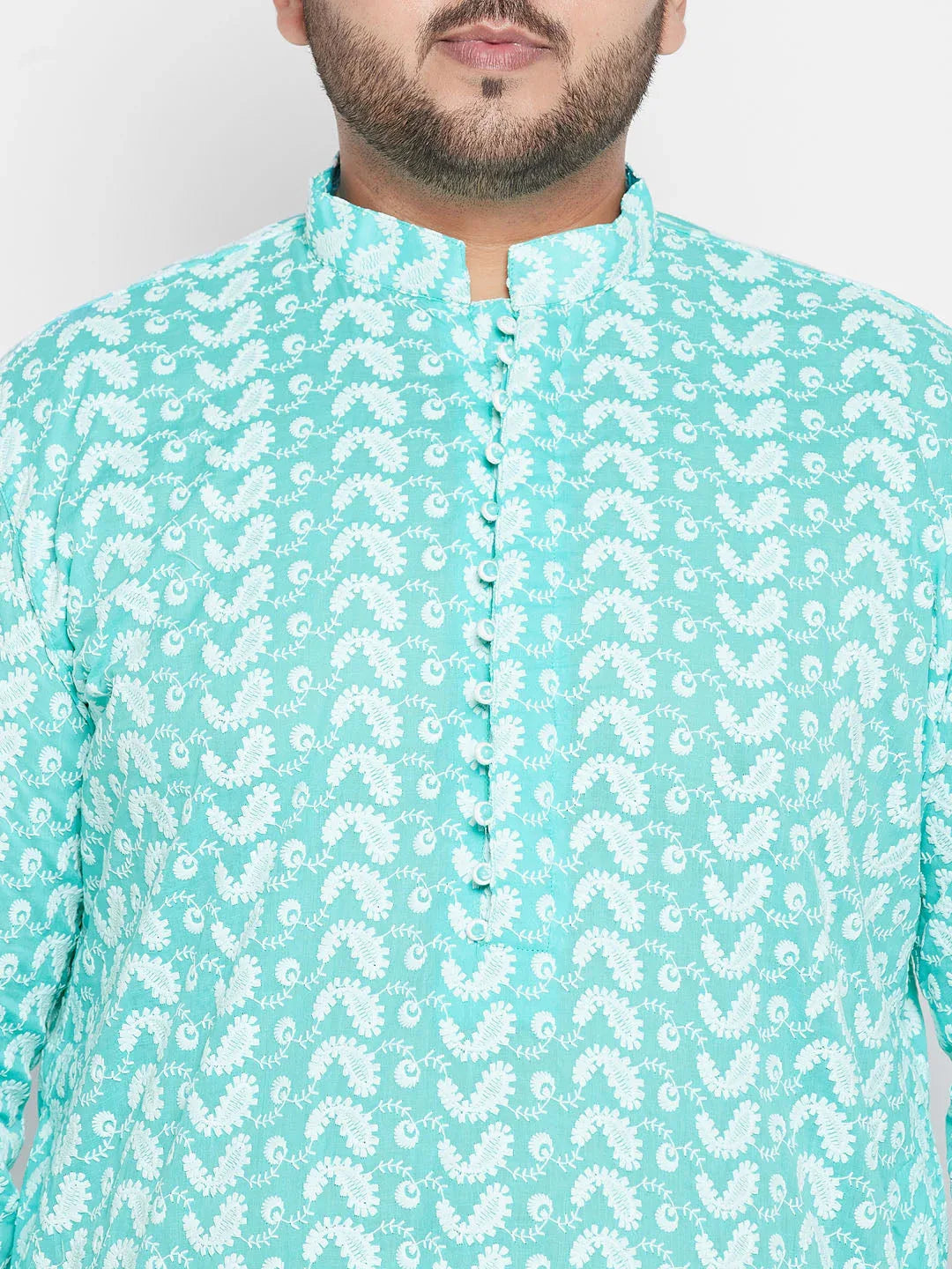 Men's Plus Size Green Chikankari Embroidered Kurta And White Dhoti Set