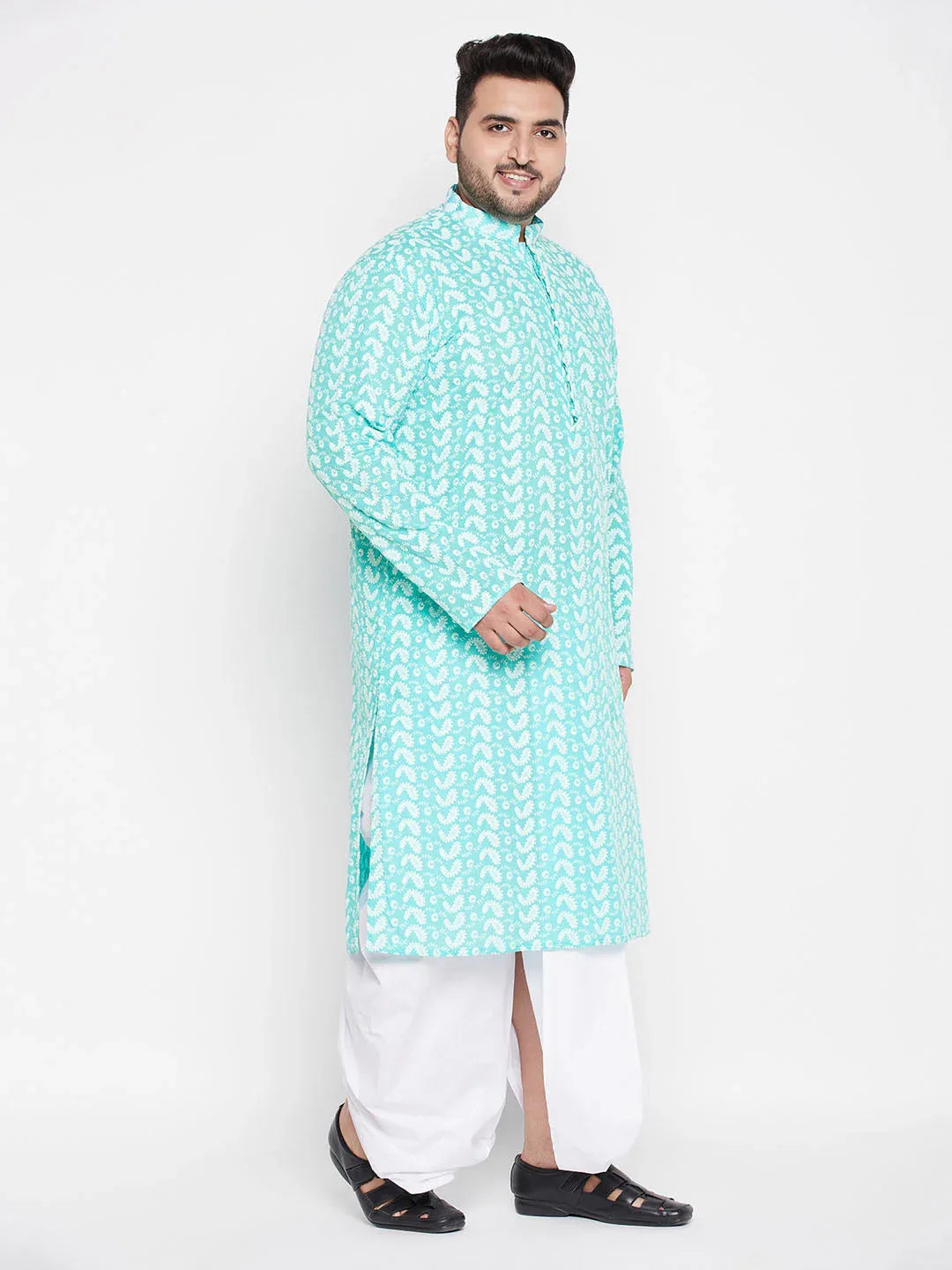 Men's Plus Size Green Chikankari Embroidered Kurta And White Dhoti Set