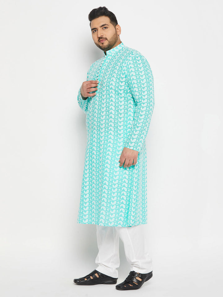 VASTRAMAY Men's Plus Size Green Chikankari Embroidered Kurta And White Cotton Pant Style Pyjama Set