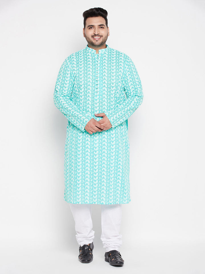 Men's plus size green chikankari embroidered kurta with white pyjama set