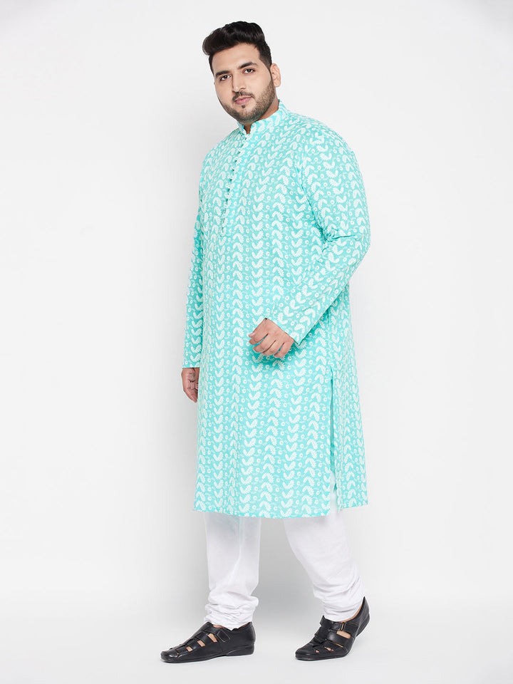 VASTRAMAY Men's Plus Size Green Chikankari Embroidered Kurta And White Pyjama Set, traditional Indian outfit with intricate embroidery and comfortable fit