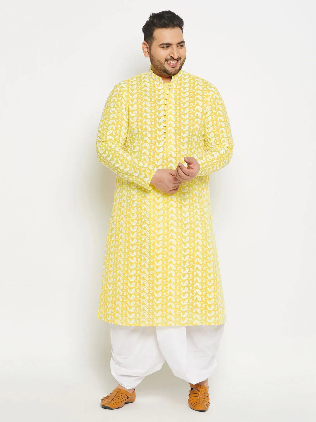 Men's Plus Size Mustard Chikankari Embroidered Kurta And White Dhoti Set