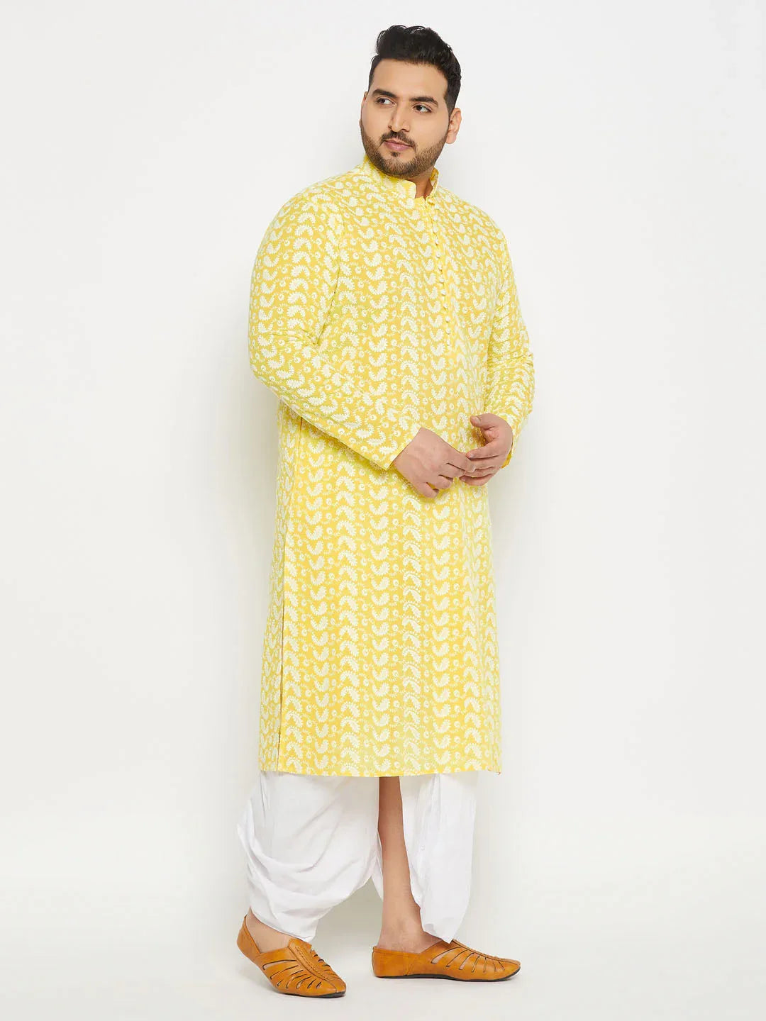 Men's Plus Size Mustard Chikankari Embroidered Kurta And White Dhoti Set