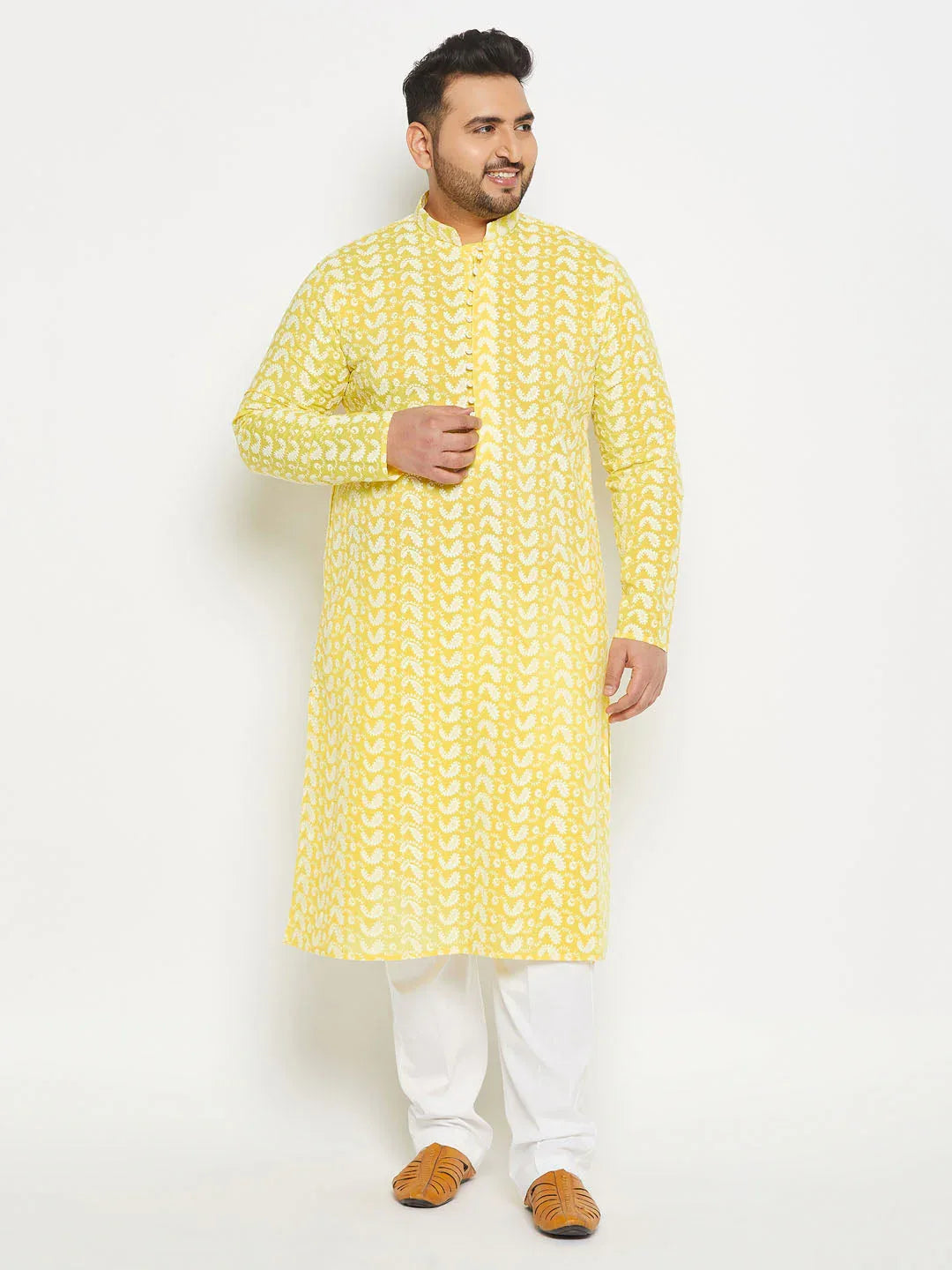 Men's Plus Size Mustard Chikankari Embroidered Kurta And White Cotton Pant Style Pyjama Set