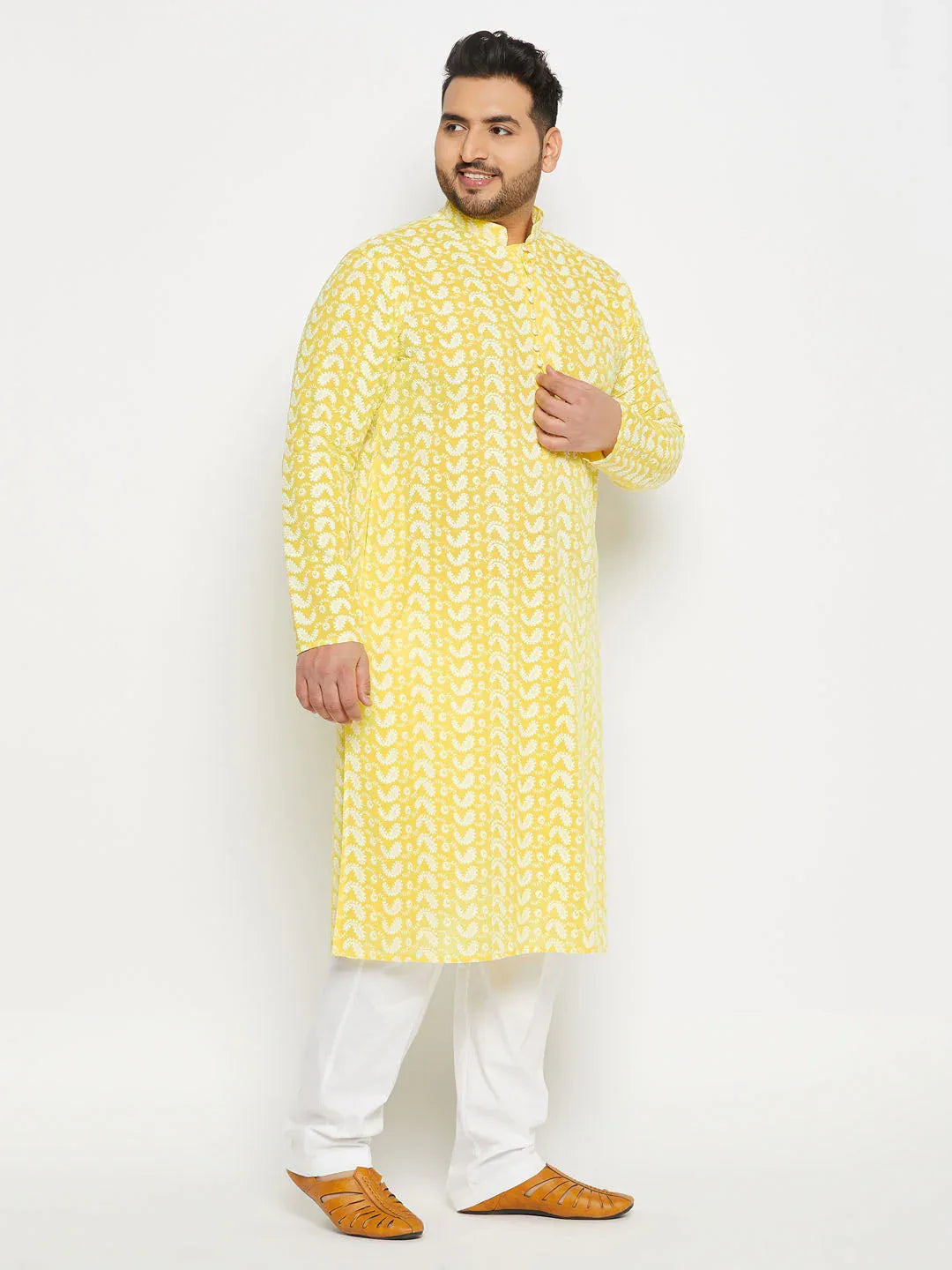 Men's Plus Size Mustard Chikankari Embroidered Kurta And White Cotton Pant Style Pyjama Set