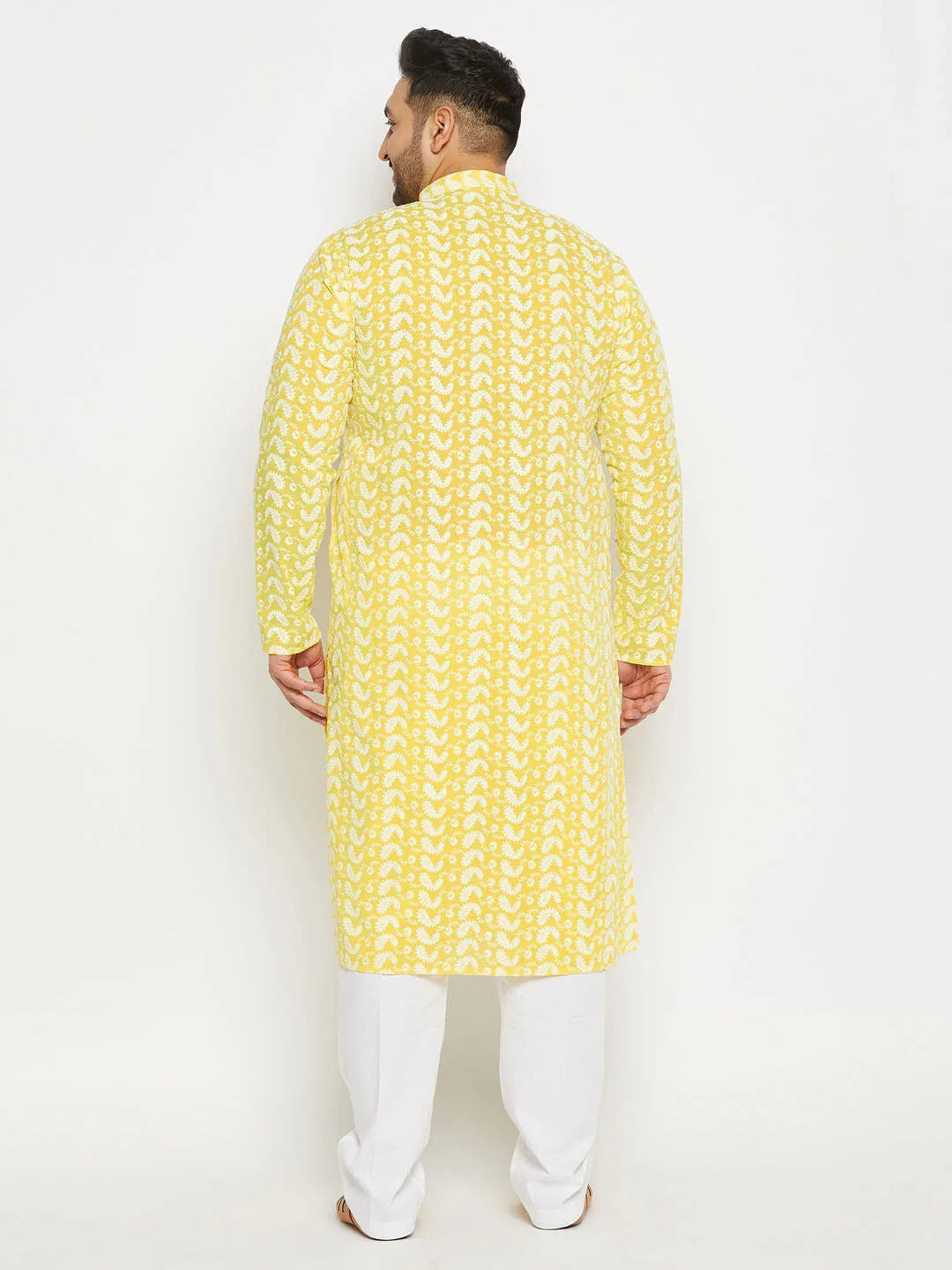 Men's Plus Size Mustard Chikankari Embroidered Kurta And White Cotton Pant Style Pyjama Set
