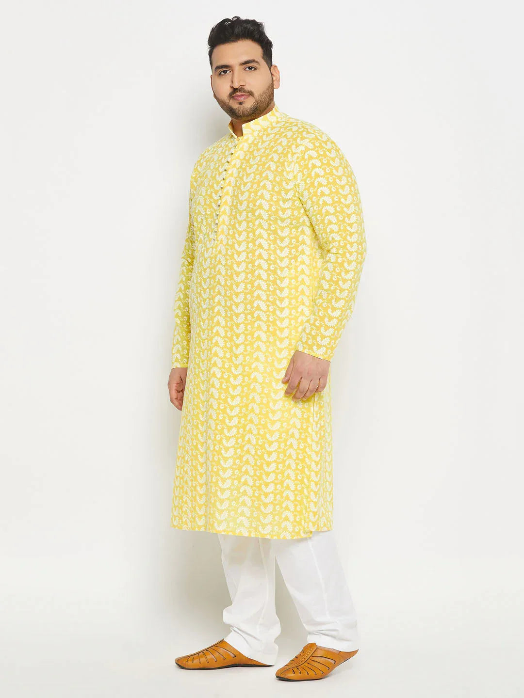 Men's Plus Size Mustard Chikankari Embroidered Kurta And White Cotton Pant Style Pyjama Set