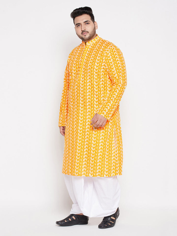 VASTRAMAY Men's Plus Size Orange Chikankari Embroidered Kurta And White Dhoti Set