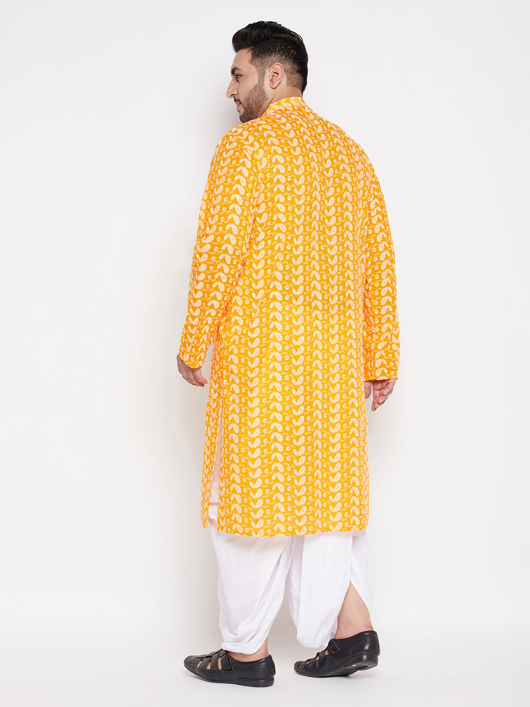 VASTRAMAY Men's Plus Size Orange Chikankari Embroidered Kurta And White Dhoti Set, traditional Indian attire with intricate hand embroidery