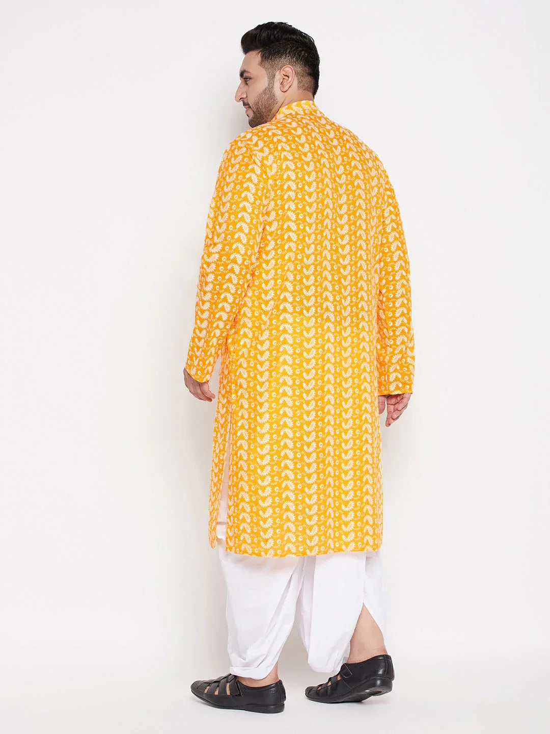 Men's Plus Size Orange Chikankari Embroidered Kurta And White Dhoti Set