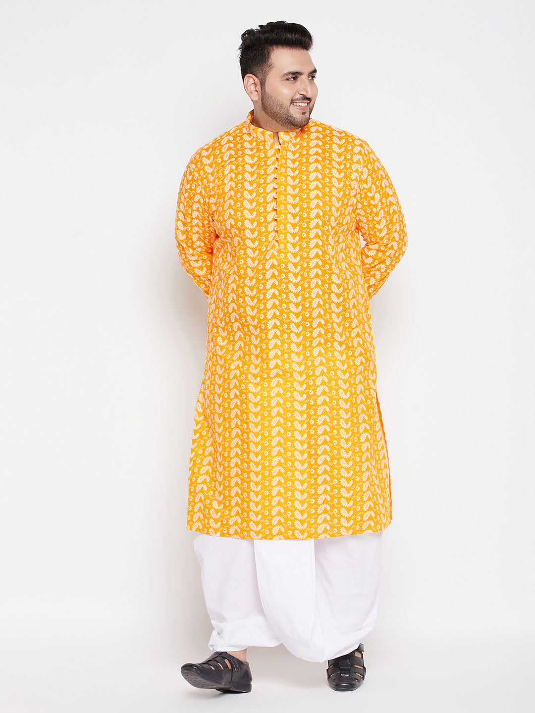 VASTRAMAY Men's Plus Size Orange Chikankari Embroidered Kurta And White Dhoti Set