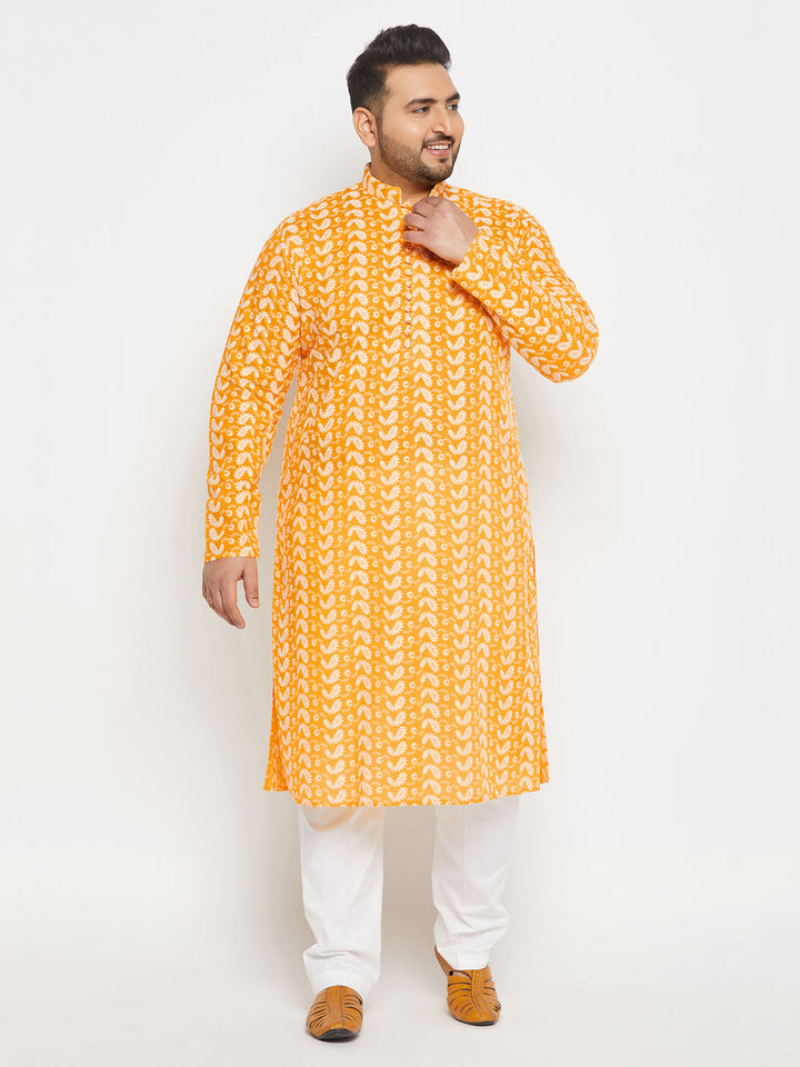 VASTRAMAY Men's Plus Size Orange Chikankari Embroidered Kurta And White Cotton Pant Style Pyjama Set