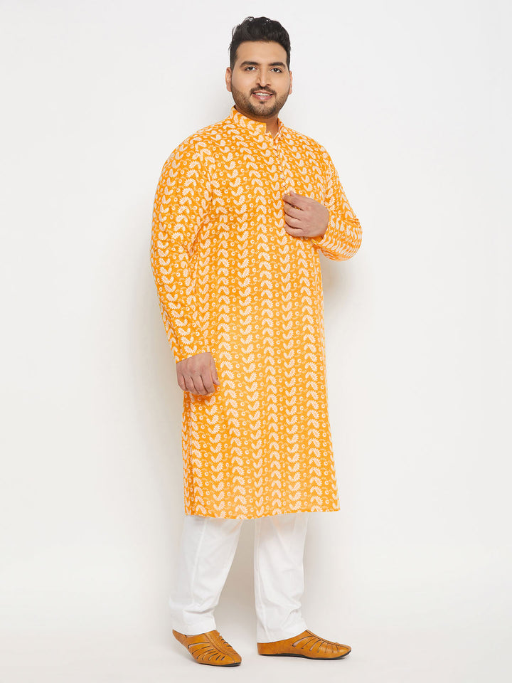 VASTRAMAY Men's Plus Size Orange Chikankari Embroidered Kurta And White Cotton Pant Style Pyjama Set for comfortable and stylish traditional wear