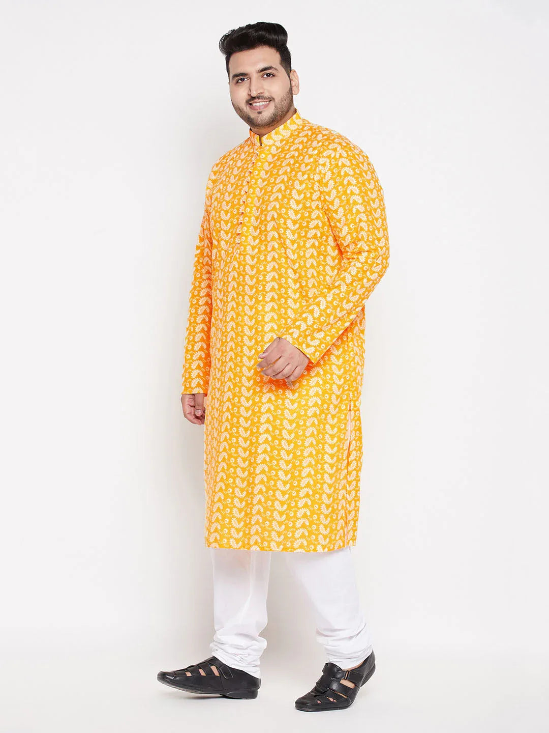 Men's Plus Size Orange Chikankari Embroidered Kurta And White Pyjama Set