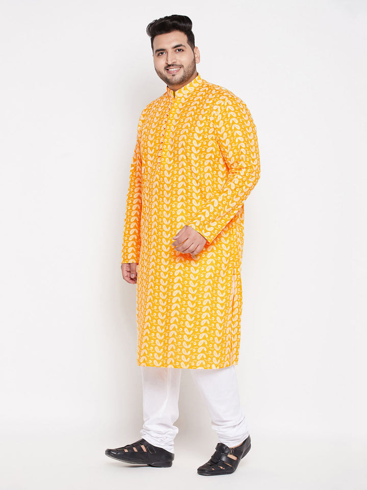 VASTRAMAY Men's Plus Size Orange Chikankari Embroidered Kurta And White Pyjama Set