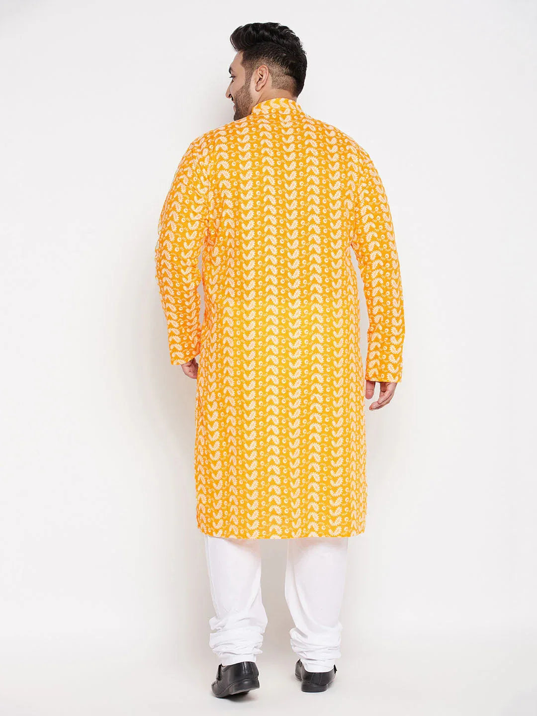 Men's Plus Size Orange Chikankari Embroidered Kurta And White Pyjama Set