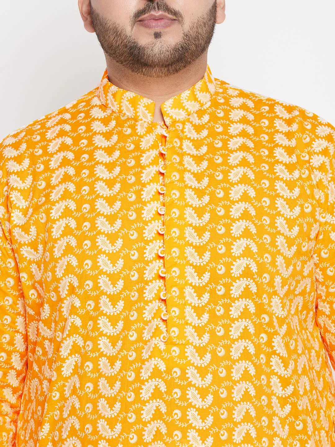 Men's Plus Size Orange Chikankari Embroidered Kurta And White Pyjama Set