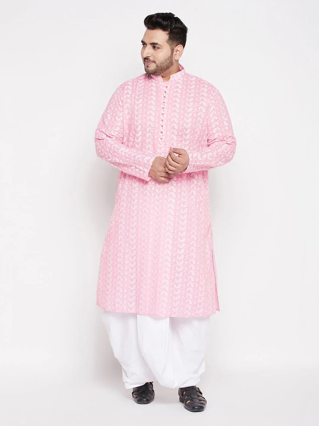Men's Plus Size Pink Chikankari Embroidered Kurta And White Dhoti Set